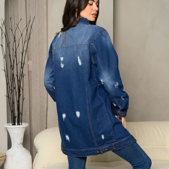NEW! Awesome Denim Button Up Distressed Long Sleeve Denim Jacket Mini Dress Rip - Picture 2 of 4